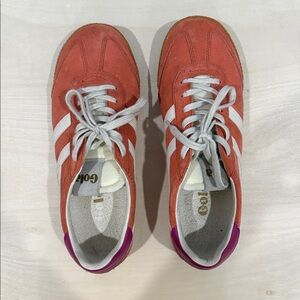 Gola Coral Suede Sneakers with White Stripes and fuschia Heel Tab
